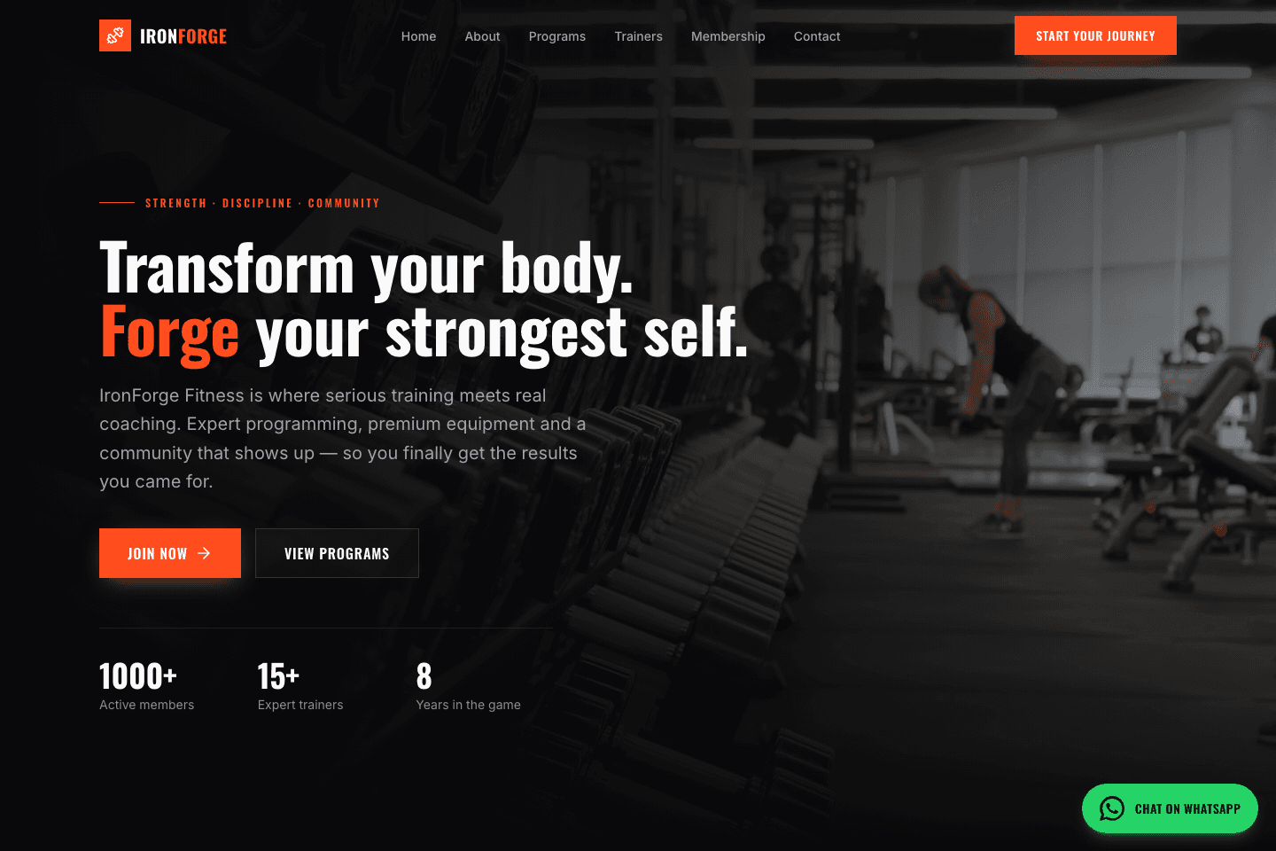IronForge Fitness gym website homepage showing the hero section with a dark, bold design