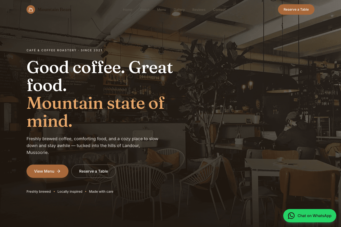 Mountain Bean Café website homepage showing a warm, photo-led hero section